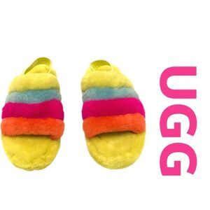 Kid’s ‘UGG’ Fluffy Slide Yellow/Rainbow Slippers Sz 3